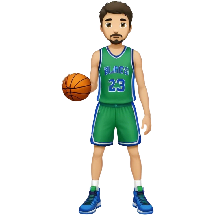 Full Body white male basketball player with short dark shaggy hair and goatee wearing green and blue uniform emoji