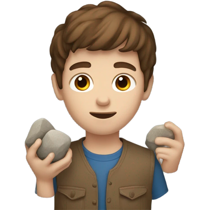 boy with brown hair and blue eyes. holding rocks emoji