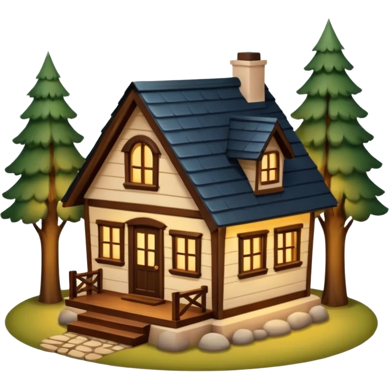 A cozy small house with warm lights coming from the windows, wooden details, surrounded by trees, peaceful atmosphere, soft lighting, charming and realistic
 emoji