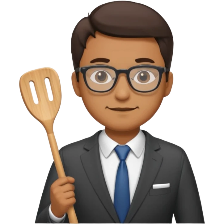 man standing with glasses wearing a suit and holding a spatula emoji