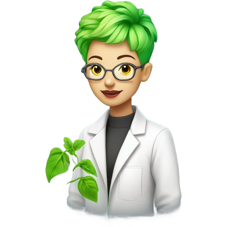 cybernetic scientist wearing a lab coat and holding a small plant, woman with neon green pixie cut with undercut emoji
