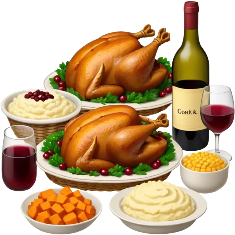 Thanksgiving Dinner with friends of all different races; have the food be a cooked turkey, mashed potatoes, corn, a basket of biscuits, a small bowl of cranberry sauce, baked yams, steamed vegetables, and a bottle of wine. emoji