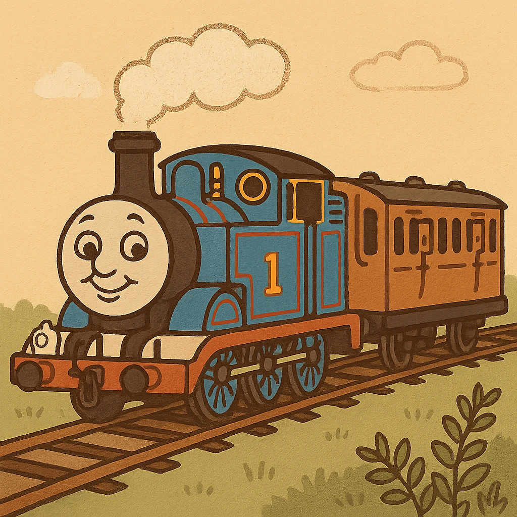 Thomas the Tank Engine with Annie and Clarabelle, detailed illustration, blue locomotive, two orange passenger cars, happy expression, no text emoji