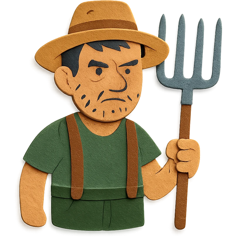 paper craft style illustration of a determined middle-aged farmer, sun-bleached face, black hair, stubble, green trousers, suspenders, green T-shirt, straw hat, holding pitchfork, warm golden-brown textured background, bold lines, vibrant earth tones, rural America emoji
