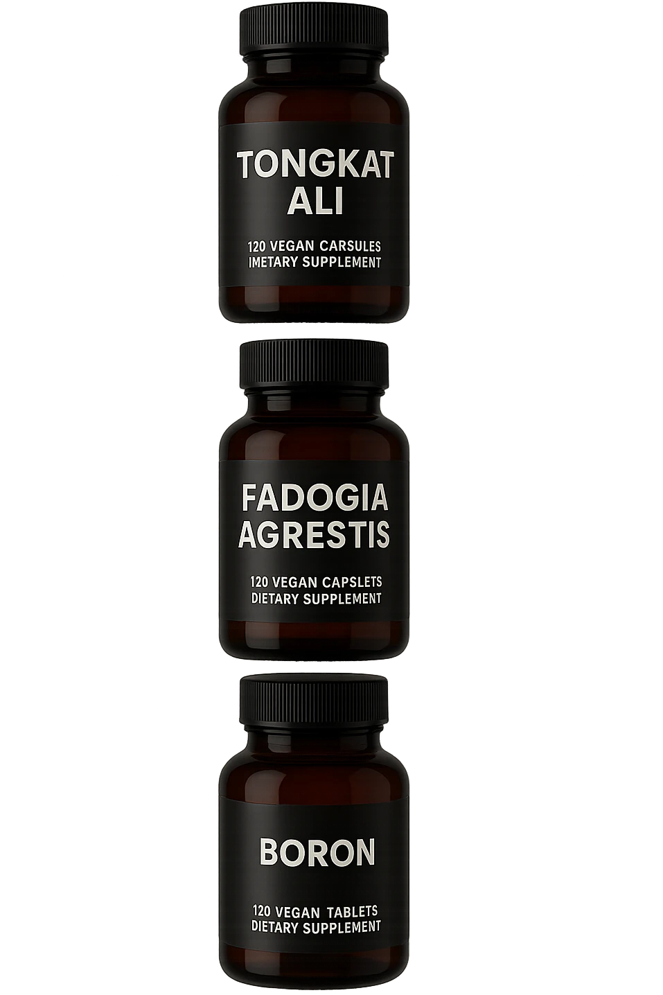 4 boccette di integratore: Tongkat Ali, Fadogia Agrestis, Boron e Zinco fluttuano in aria verticalmente emoji