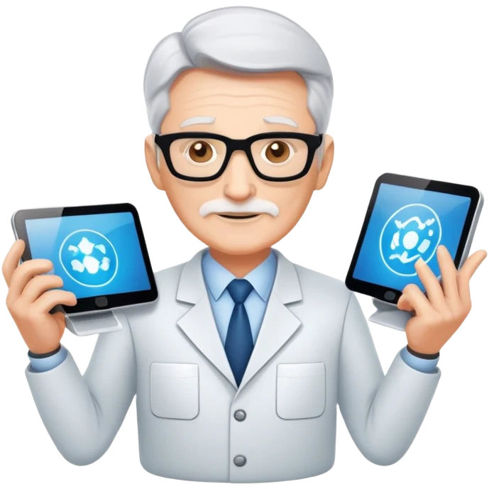 Senior IT Specialist with multiple high-tech devices, confident expression, showing leadership, advanced technical expertise emoji