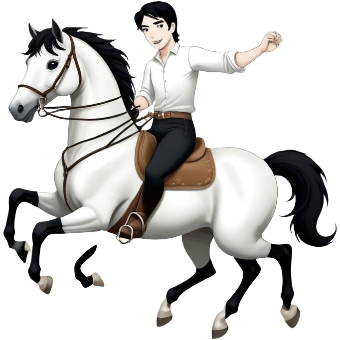A hand-drawn, black-and-white digital illustration in a playful, cartoonish style. A man with solid black hair and solid black pants is riding a horse, holding the reins with confidence. He has a joyful and adventurous expression as the horse moves forward with energy. The horse has a flowing solid black mane and tail, with strong, bold lines emphasizing its movement. Its legs are slightly bent, giving a sense of action. The background is minimal, keeping the focus on the rider and the horse emoji