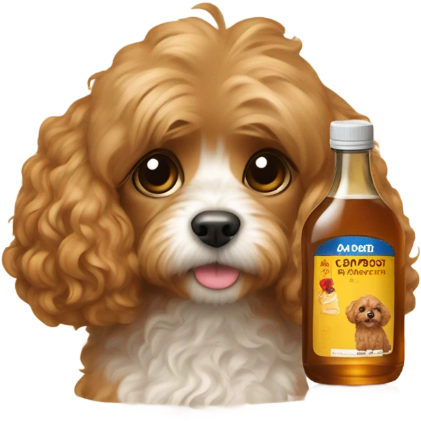 A cavapoo with light brown fur laying with a bottle of maple syrup next to her emoji
