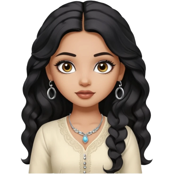 a pretty bratz dusky girl with long wavy black hair, kajal under eyes, small silver hoop. ivory coloured kurti emoji