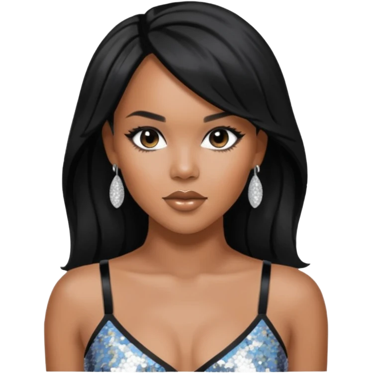 LeToya Luckett with black long hair, silver sequin crop top, silver earring emoji