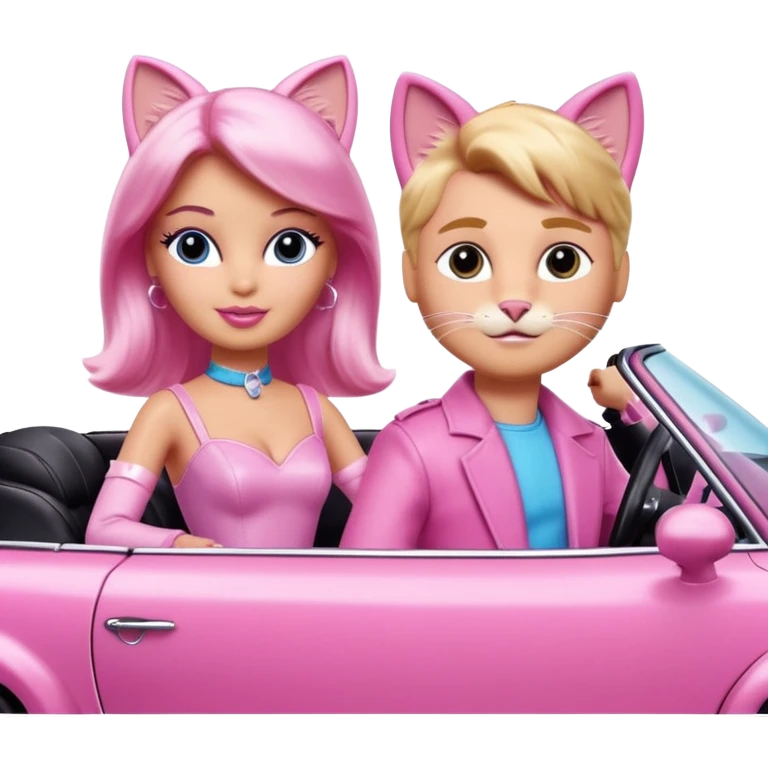 Barbie and Ken as cats, with visible whiskers and cat ears, wearing costumes, in a pink convertible emoji