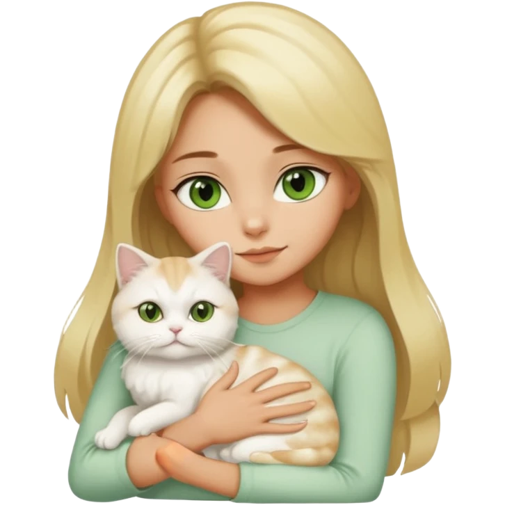 Girl with a yellowish brown complexion and blonde balayage hugging a white Persian cat with green eyes emoji