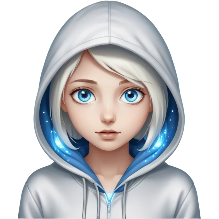 Cinematic girl with large sparkling blue eyes wearing a hoodie, Ultra realistic 32k HD, Breathtaking piece of art, rim lighting, hauntingly beautiful art, mostly greyscale, Balanced features, highly detailed digital artwork, glowing with silver light, glowing, high shine, deviant adoptable, highly detailed clothing, remembrance, a painting of white silver, fanciful, enchanting, ghostly, embodying the essence of both reality and fantasy, dreamy, dreamy glow, optical illusion, immaculate composition, complex pose, air composition. The image is so lifelike that it feels as though it could leap off the canvas at any moment emoji
