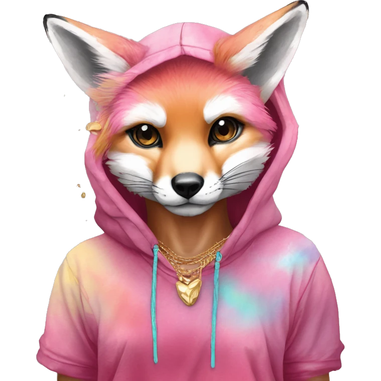 Pink magenta burgundy maroon cyan beige gray fox wearing a pink hoodie with gold jewellery gold piercings gold ear piercing gold nose piercing vintage watercolour tie dye black raven wings emoji