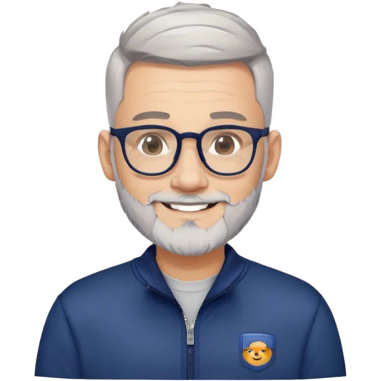 Man with light skin, high fade haircut (extremely short gradient from sides to top), short peppered gray beard, large black-framed glasses, smiling face, navy blue zip-front sweatshirt with long sleeves emoji