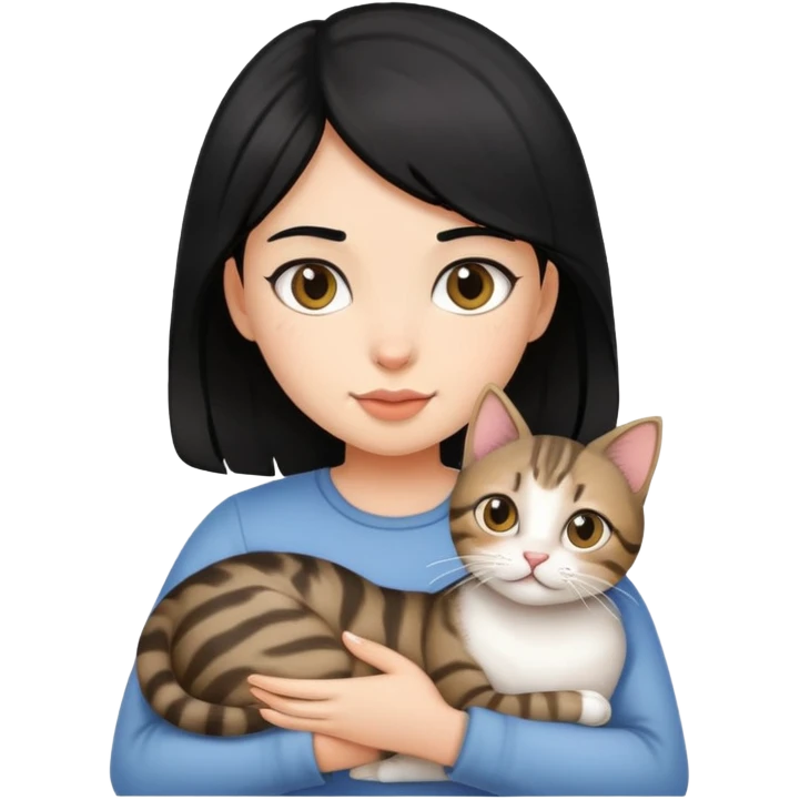 Black hair girl holding a tabby cat emoji