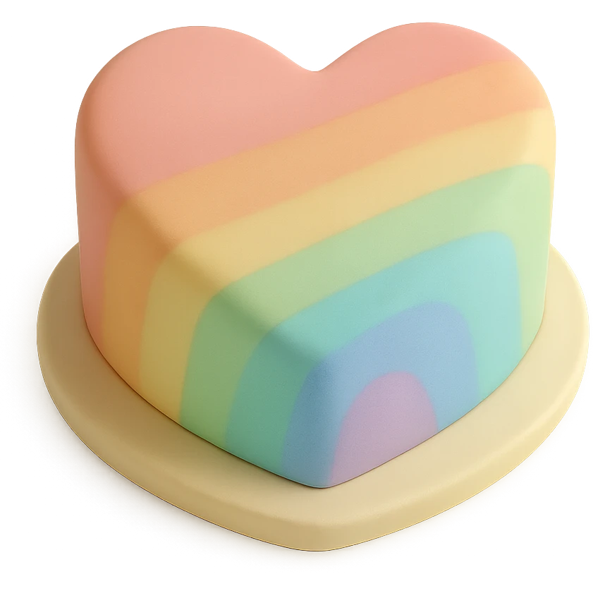 heart-shaped fondant cake with rainbow ombre emoji