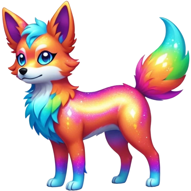 Vibrant multicolored neon-colored Falvie-Fionbri-creature-sparkle-dog-fursona, full body emoji