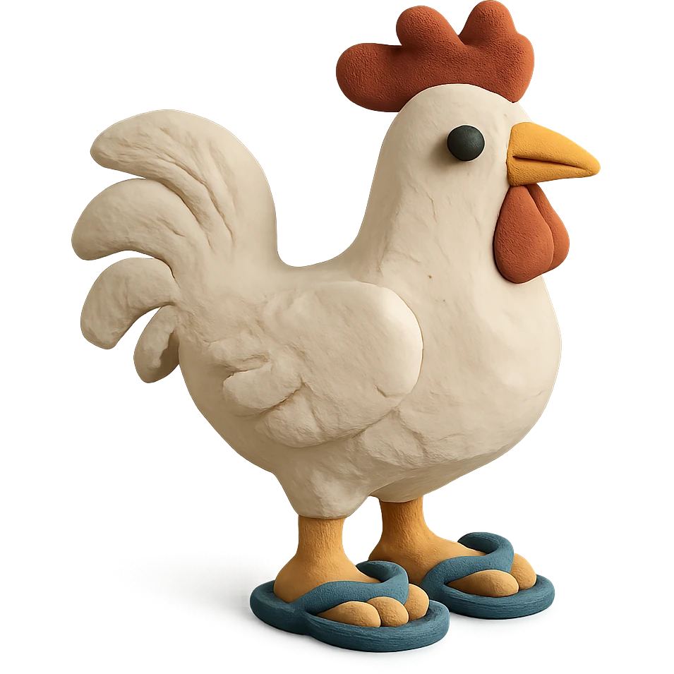 claymation style white rooster wearing flip-flops emoji