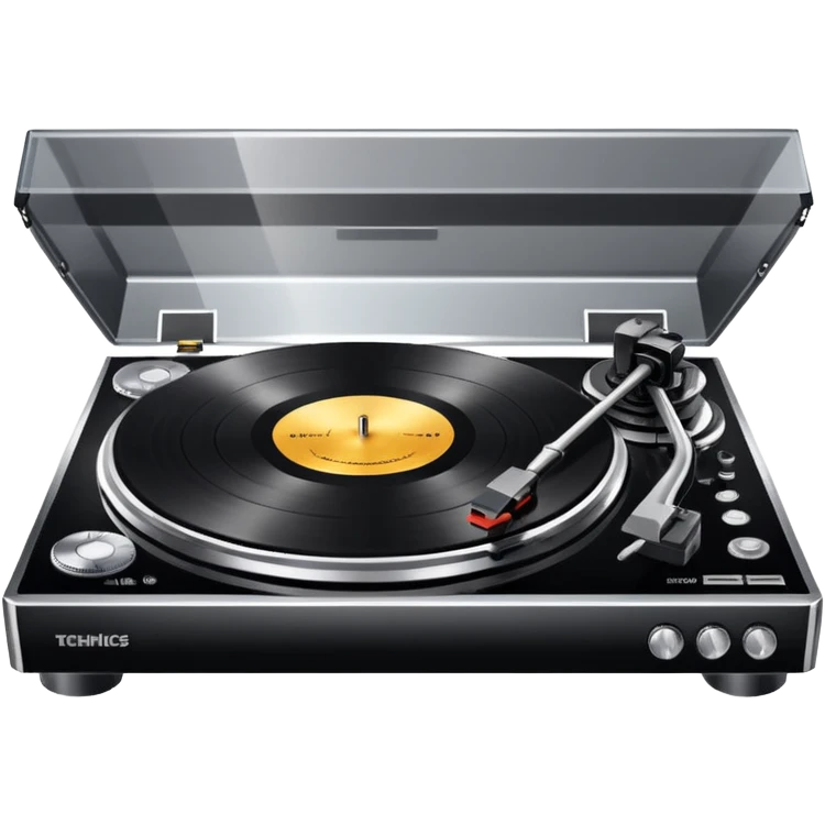 Technics turntable, highly polished, smooth wax texture, visible Technics logo, detailed controls, silver and black emoji