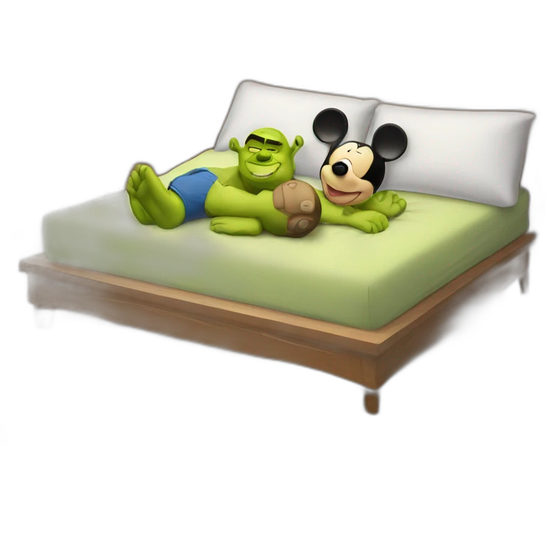 Mickey Mouse and Shrek lying in bed emoji