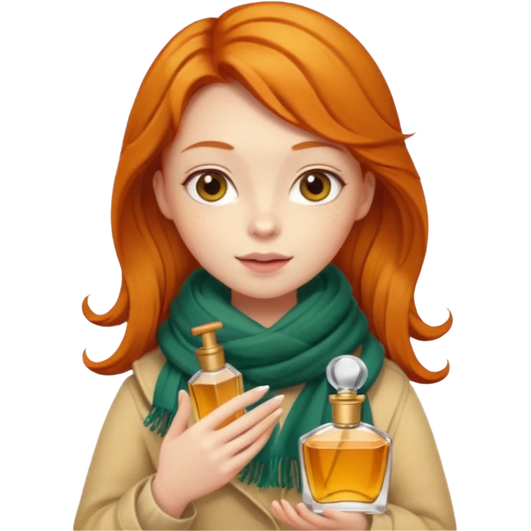 Ginger girl , cute, perfume in her hand, in autumn  emoji