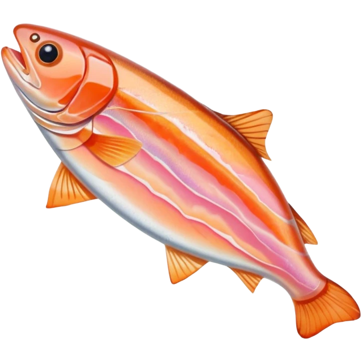 thin, irregular slice of smoked trout, orange-pink color, delicate marbling, translucent glossy texture, subtle folds, gently curved edges, no garnish or plate, soft lighting, emoji scale emoji