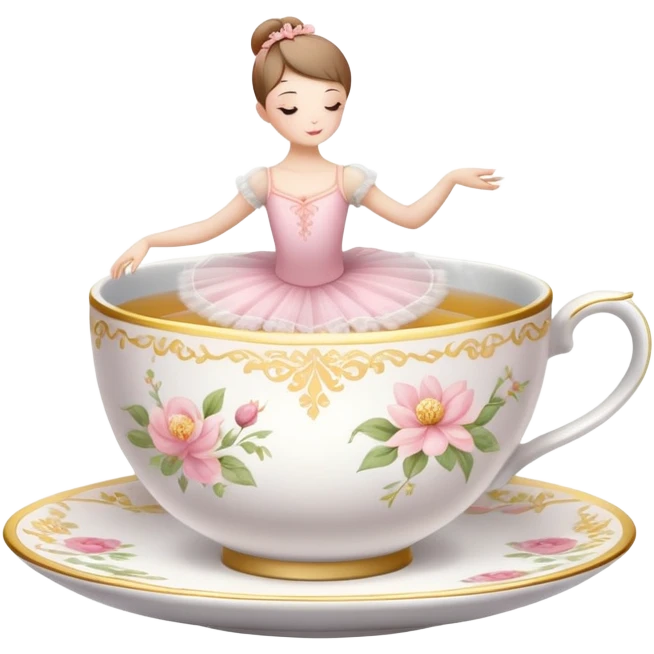 Porcelain tea cup with a floral pattern, steam rising, wearing a ballet tutu and in a graceful dance pose emoji