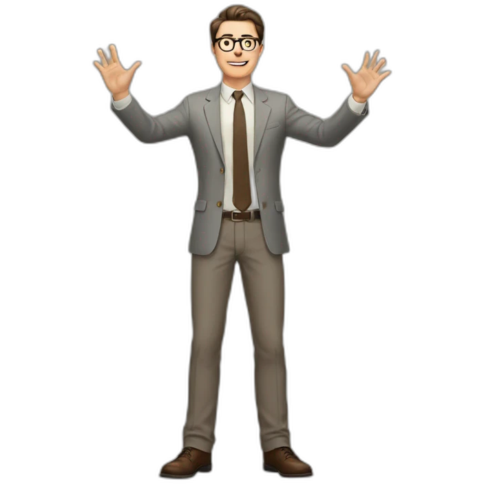 Full height Actively gesturing with hands Pale skinned fit man with dark brown hair in gray jacket, beige office shirt, brown tie, brown pants and vintage glasses. emoji