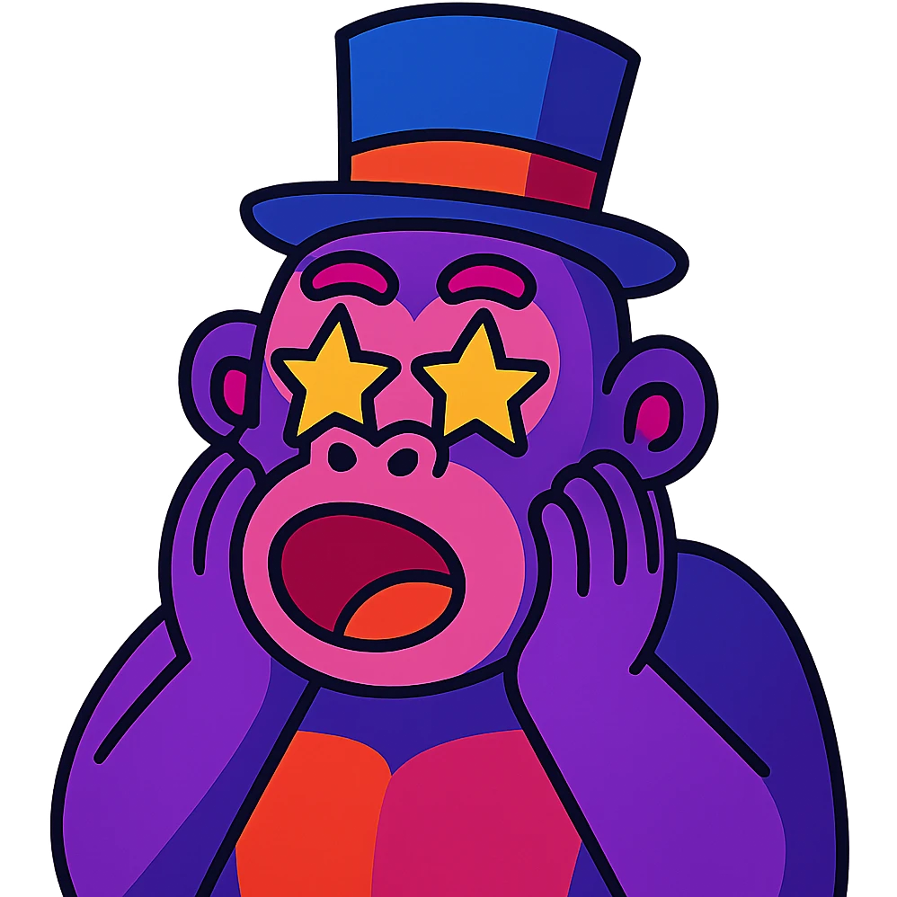amazed purple gorilla with star eyes and a tophat, vibrant colorful style emoji