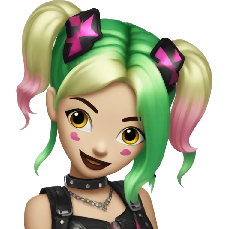 Sparkling goth punk Harley Quinn with blonde green and pink hair emoji