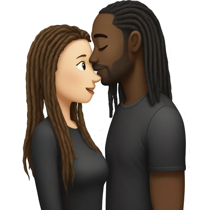 Fair skinned woman with brown straight hair kissing black man with dreads emoji