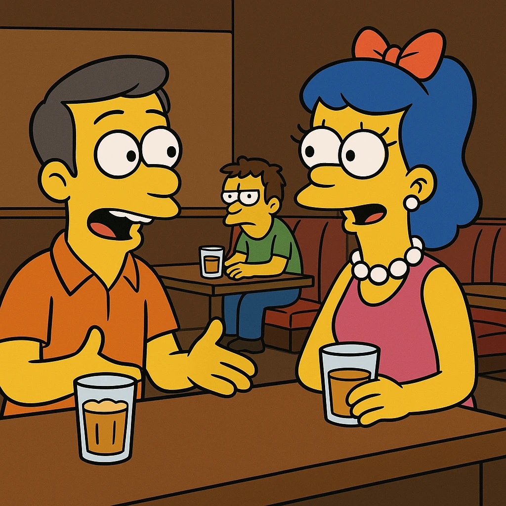 His voice sounded familiar, but I couldn’t remember where I knew him from. 2 person sitting ina bar, talking about a strange guy, sitting in a corner emoji
