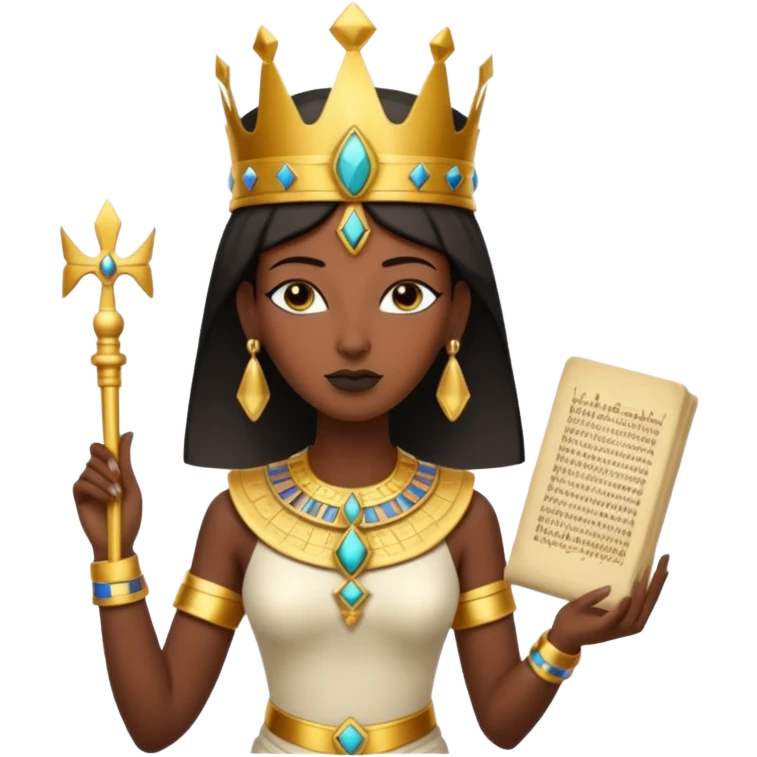 A graceful pharaoh queen wearing a tall crown, elegant posture, and holding a small sacred scroll.
 emoji