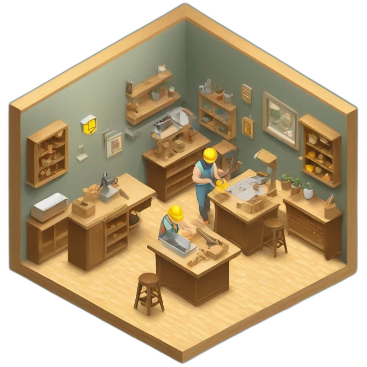 isometric square transparent solid outline border containing indoor woodshop people actively working emoji