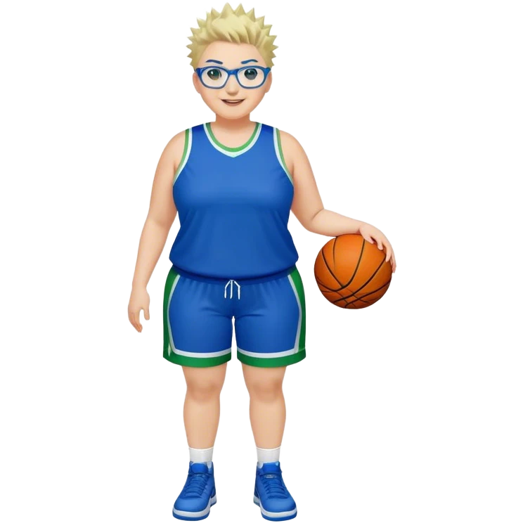 Full Body plus size white female with short spike hair wearing blue glasses basketball player wearing blue green uniform smiling emoji