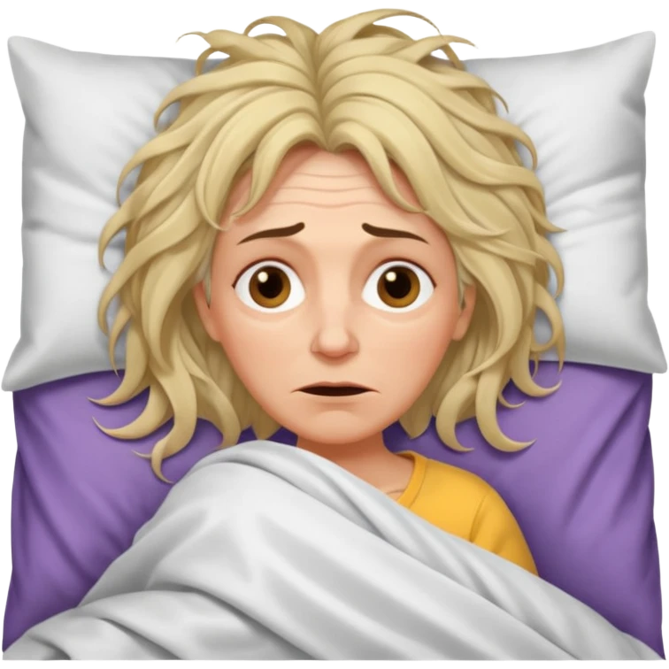 A 55-year-old woman lying in bed. She looks exhausted and desperate, with visible dark circles under her eyes, tired facial expression. emoji