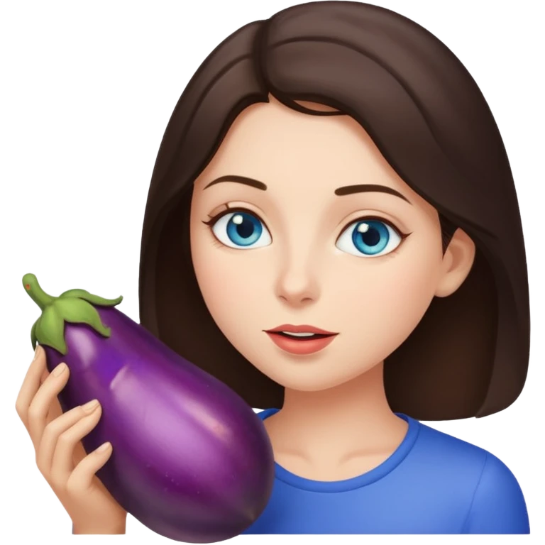 Brunette woman with blue eyes, with big naked tits with nipples, sucking eggplant  emoji