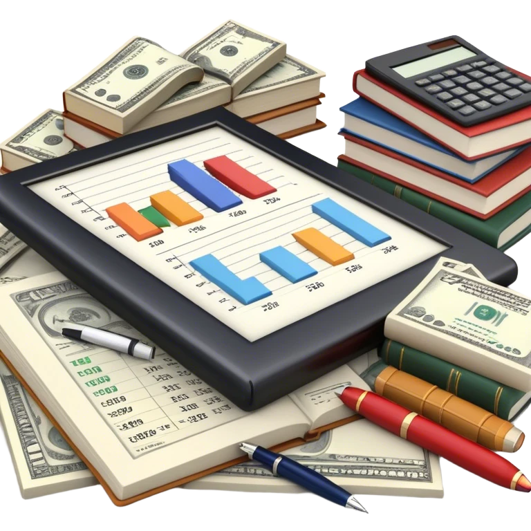 Icon for Business Reading: an open book with graphs, numbers, percentages, formulas, and text on the pages, next to a stack of books, a pile of dollars, a calculator, and a pen. The icon should represent the analytical and strategic nature of business literature. Transparent background. emoji
