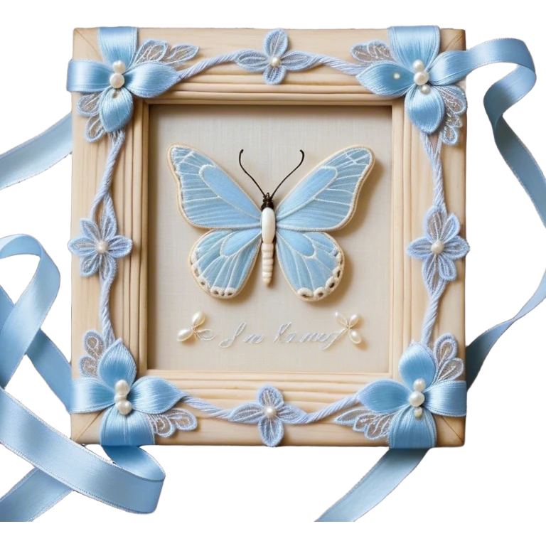 An antique ivory ribbon, embroidered with delicate silver filigree, twists gracefully over a weathered wooden table. A pale blue butterfly, its wings kissed with hints of opalescent shimmer, lands softly on the knotted bow. Around it, tiny pearl beads are scattered like dewdrops, catching the soft glow of candlelight. emoji