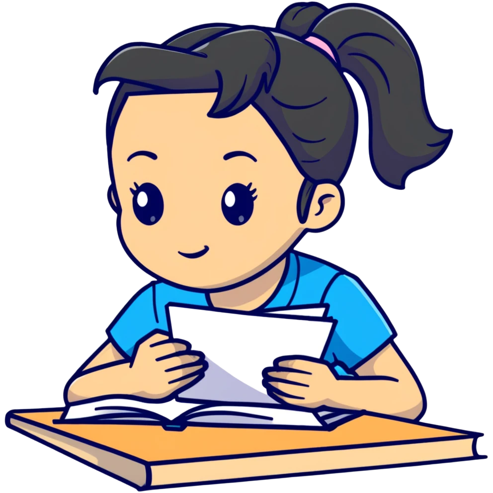 Girl with ponytail reading a notebook while sitting at desk emoji