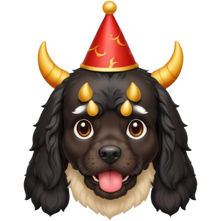 All black cocker spaniel with devil horns and a birthday hat on emoji