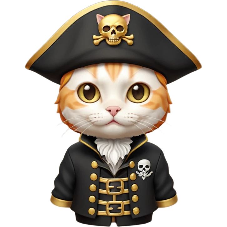 Premium 3D emoji icon of a cute ginger cat pirate, wearing a **pristine white** satin pirate hat with a gold skull icon, and a black and gold captain's jacket. Glossy finish, claymorphism style, soft studio lighting, isolated on white background, 8k resolution, stylized professional look --v 6.0 emoji
