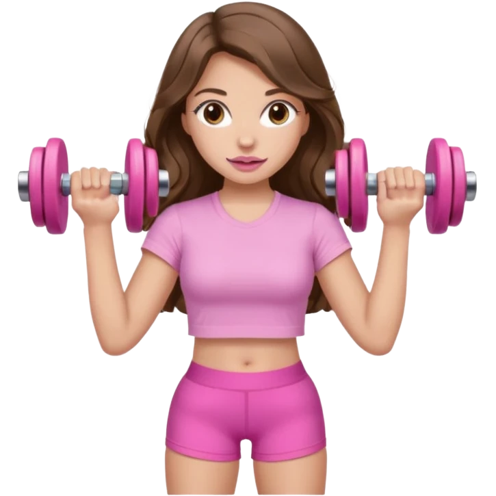 girl with wavy long brown hair, brown eyes, light to medium complexion, long lashes, light pink lipstick, wearing light pink shirt, lifting a pink dumbbells in a shorts top emoji