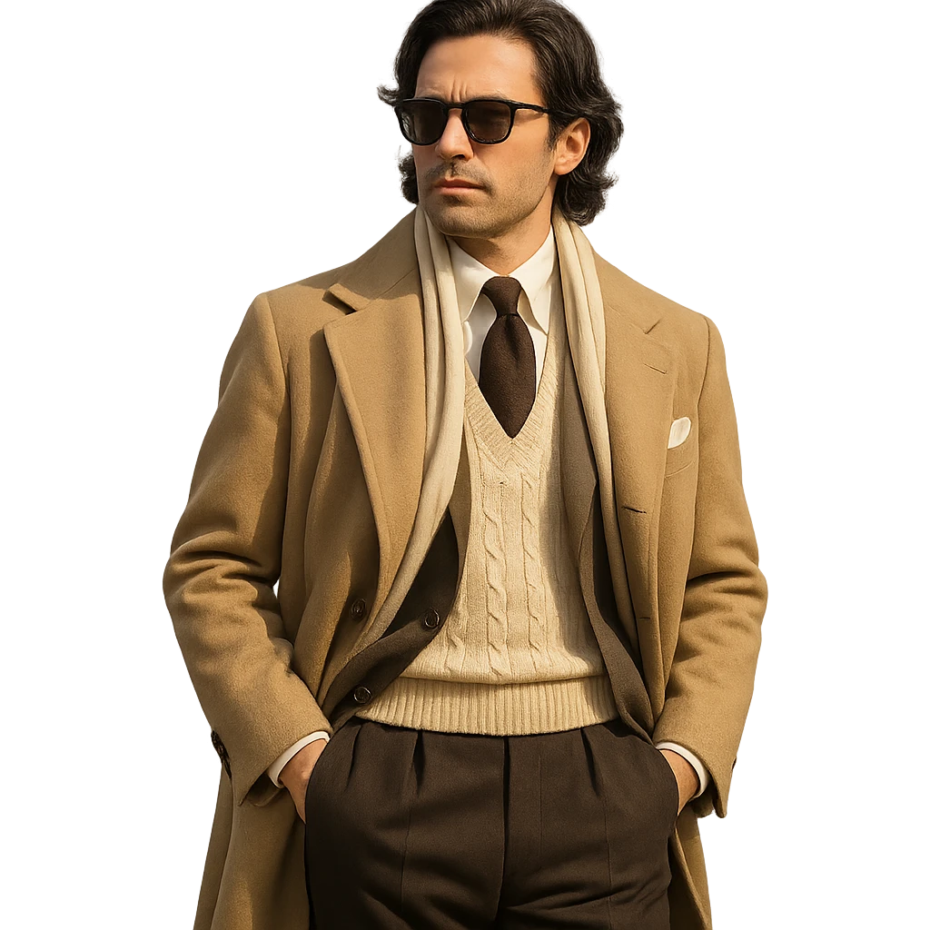 an affluent man dressed in classic old money fashion, sunglasses, medium-long black hair emoji