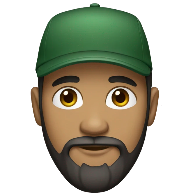 brown man with a dark beard, dark eyes, dark green t-shirt and a black cap emoji