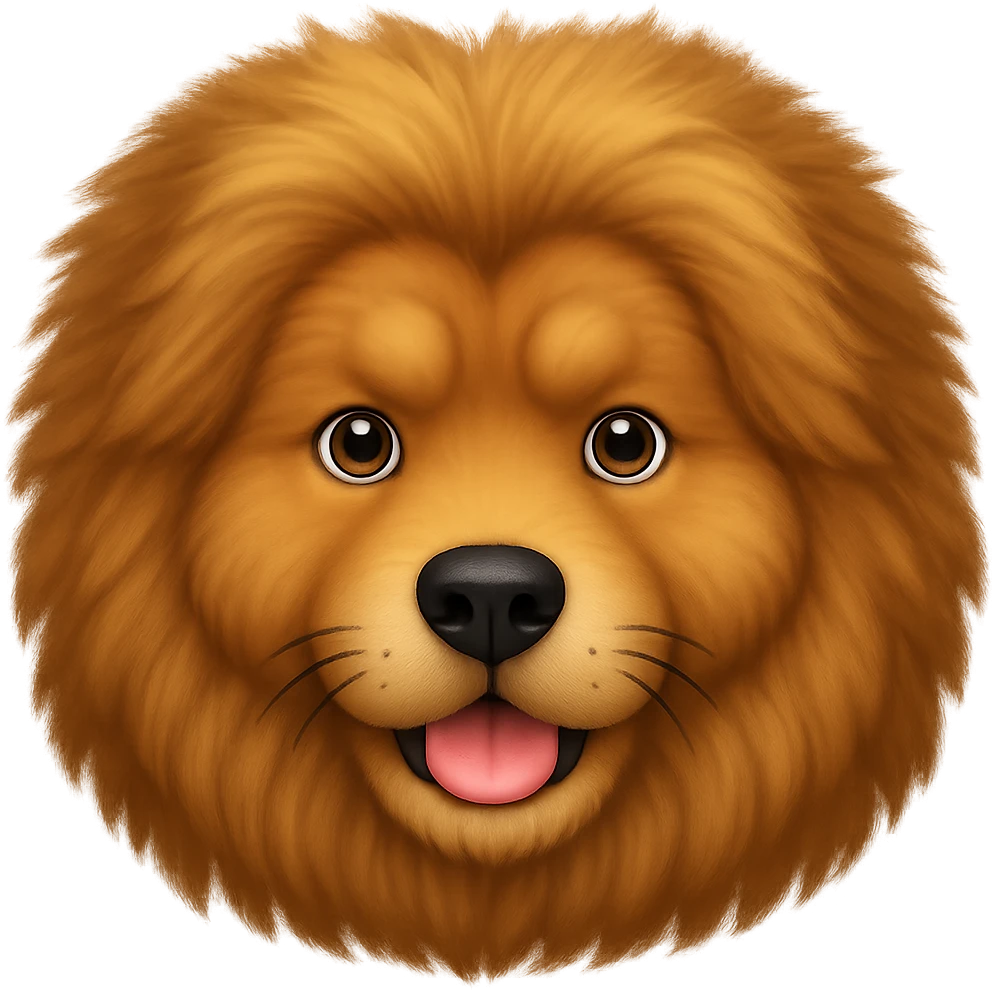 Make the Tibetan Mastiff's fur even fluffier in the style of apple emojis, with no background. emoji