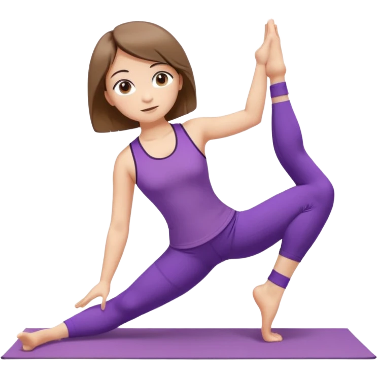 Девушка с короткими волосами до плеч русого цвета, с черными бровями, карие глаза, у неё фиолетовый спортивный костюм с топиком и шортами и белые носки, она занимается йогой в позе бибаласана (поза кошки) emoji