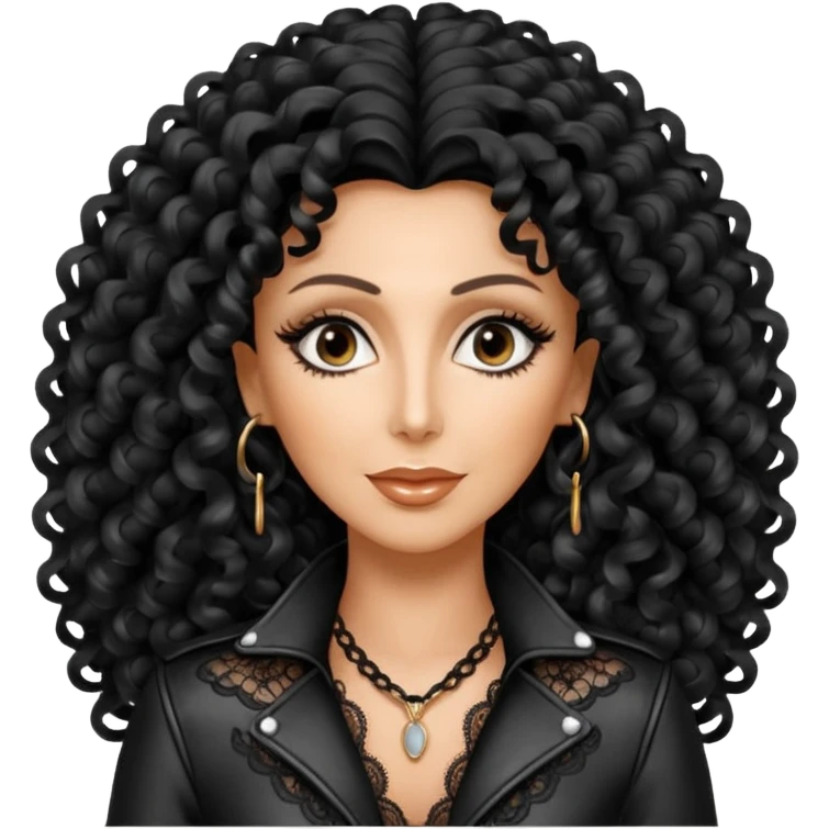 realistic cinematic singer Cher in a typical naked attractive outfit with leather and lace, huge curly hair like in the video If I Could Turn Back Time emoji