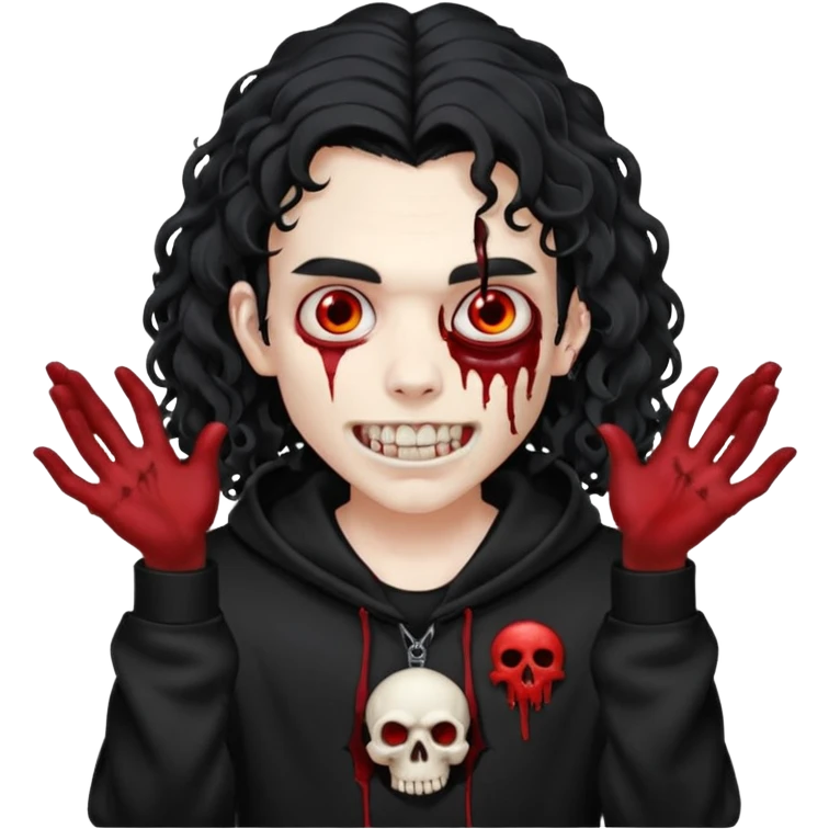 Vampire wearing a black hoodie with a skull logo on it, long curly hair that covers the forehead, fanged teeth and blood on hands emoji